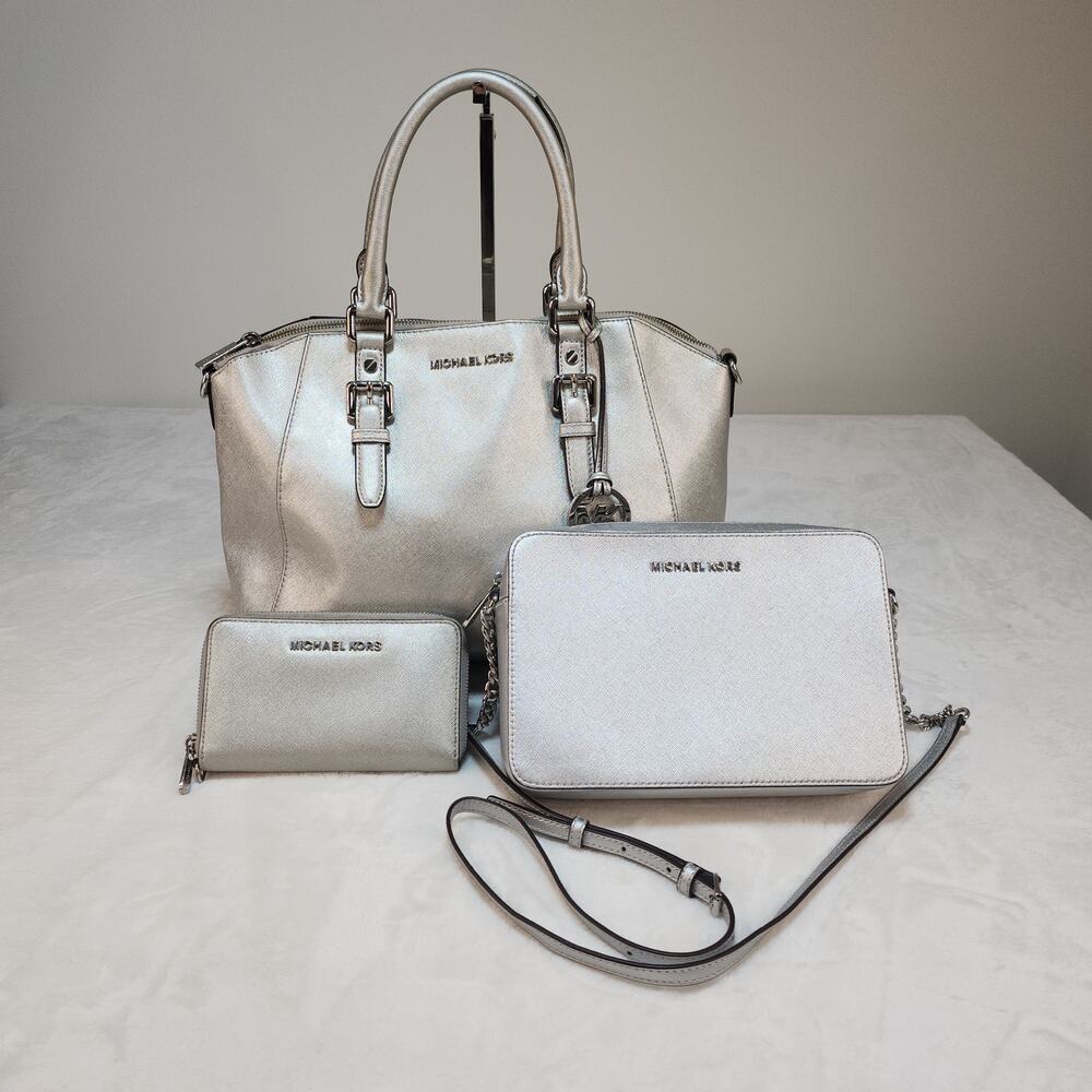 Michael Kors Purse Set of 3 Silver Metallic Shiny Handbag Crossbody Wallet Match
